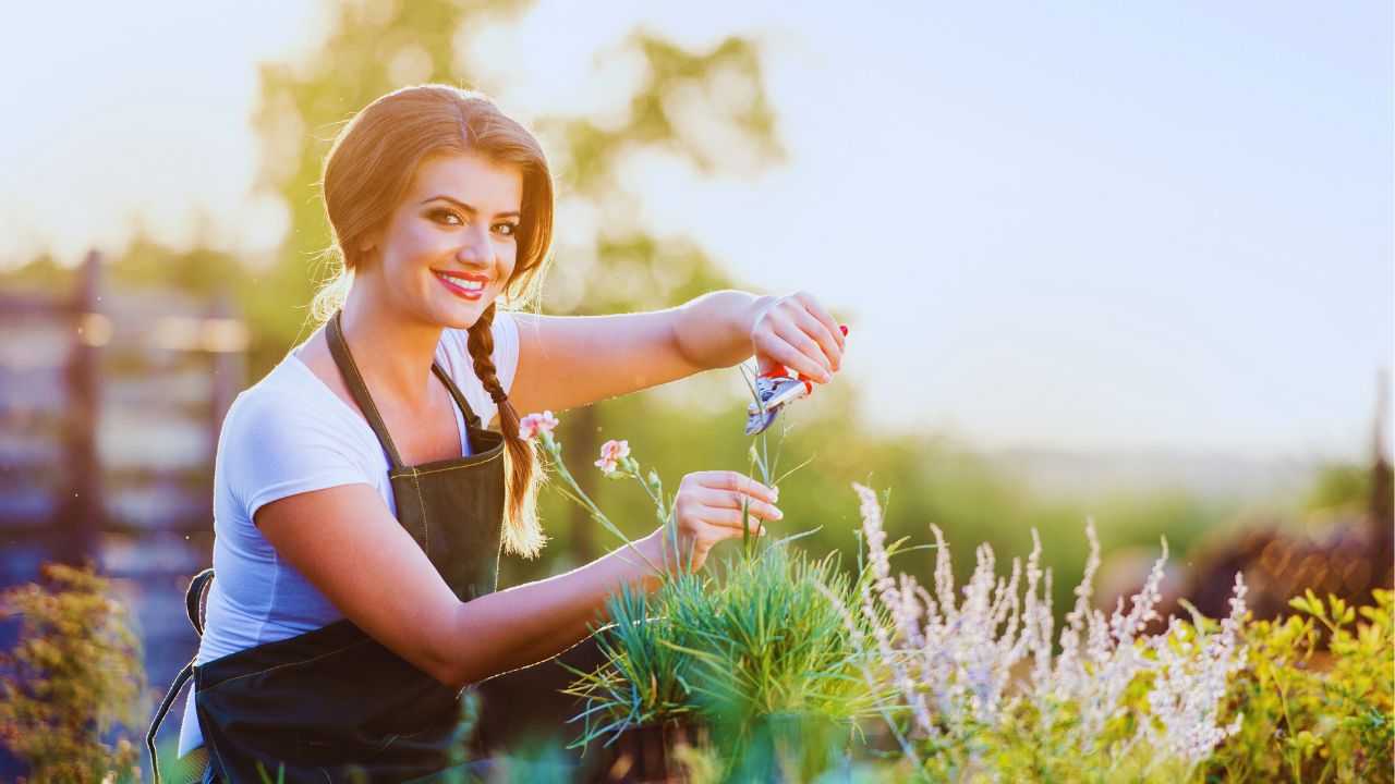 Donna sorridente si prende cura del giardino